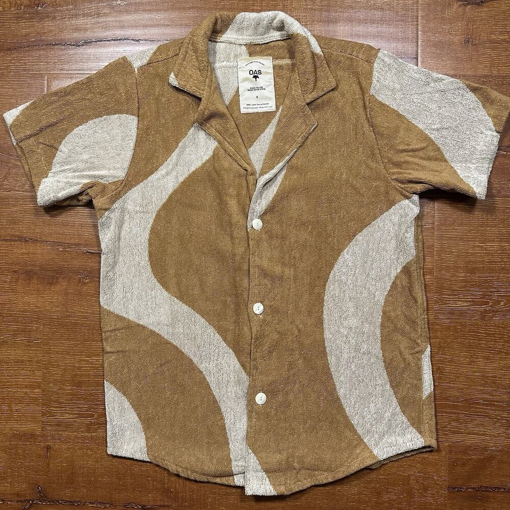 OAS Terry Cloth Button Up Shirt Mens S Brown Toweling Camp Collar Resort Beach